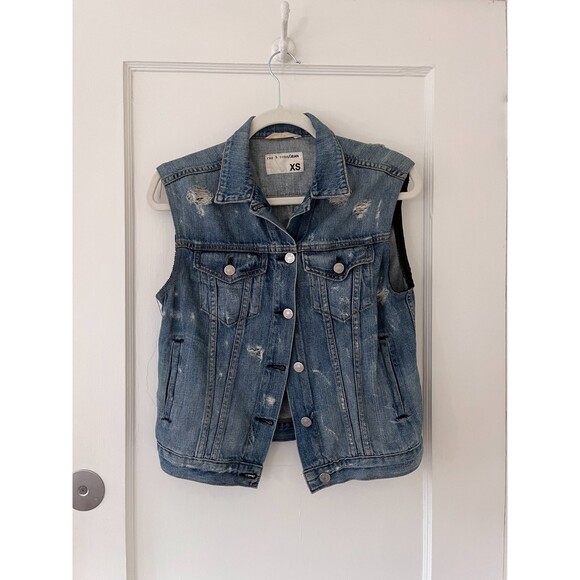Rag & Bone Jean Women's Denim Collared Button Up Jean Vest Destroyed Tattered XS - Picture 2 of 4